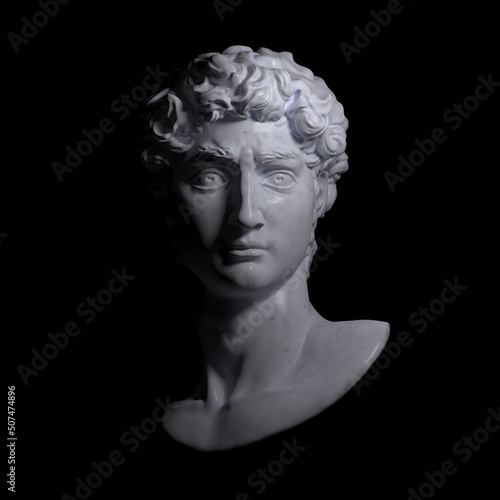 Light and shade dramatic illustration from 3d rendering of classical white marble male head bust looking straight and illuminated by a theatrical light source.