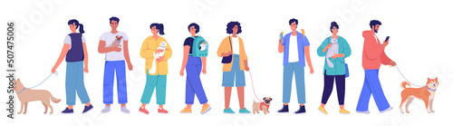Cute young people walking with their cute pets dogs and cats