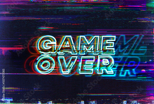 Game Over. Glitch art corrupted graphics typography illustration in retro style of vintage CRT TV screens and VHS tapes.