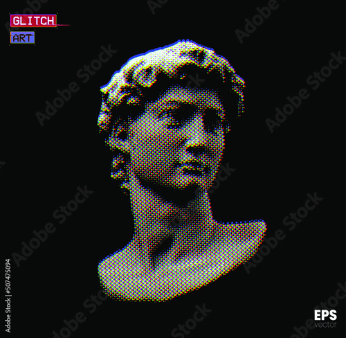 Vector RGB offset color mode  dot halftone mode illustration of male classical style head sculpture from 3d rendering isolated on black background. 