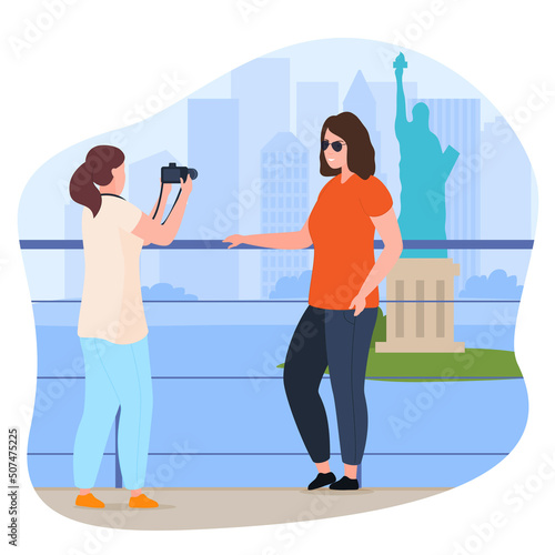 Woman tourists taking photo on background of sightseeing Statue of Liberty vector flat illustration