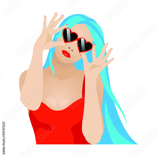 A beautiful girl with long blue hair in red clothes holds red glasses in the form of hearts in her hands. Isolated vector illustration on white background