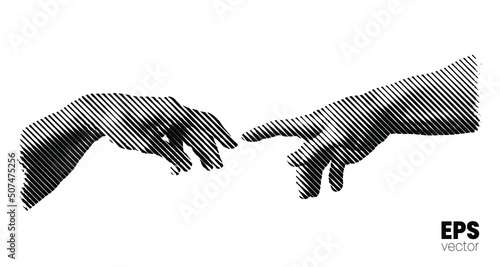 Vector illustration of hands reaching out for touch in black tilted line halftone vintage style design isolated on white background.