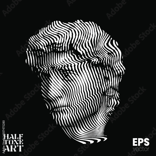 Halftone Art. Vector black and white illustration from 3d rendering of classical marble male head in wavy line halftone style isolated on black background.