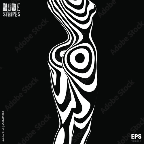 Vector abstract black and white zebra stripes illustration from 3D rendering of a nude woman's sexy body back isolated on black background. 