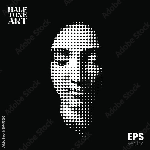 Halftone Art. Vector black and white illustration from 3d rendering of female face in dot halftone style isolated on black background.
