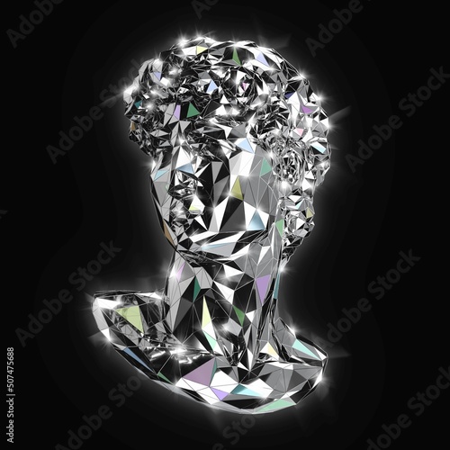 Concept illustration from 3d rendering of mirrored mesh of a male classical head bust sculpture isolated on background.