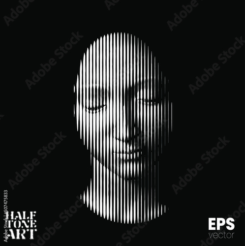 Halftone Art. Vector black and white illustration from 3d rendering of female face in vertical line halftone style isolated on black background.