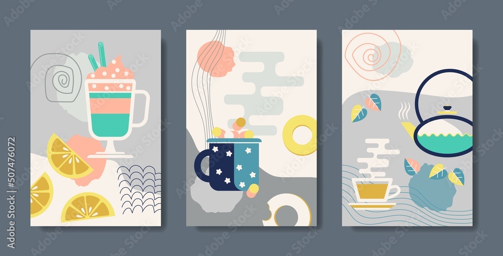 Set of modern poster with kitchen utensils, sweets and fruits. Stylized abstract cafe decoration. Collection of painting with cocktail, chinese tea, mug of cocoa and marshmallows. Vector illustration