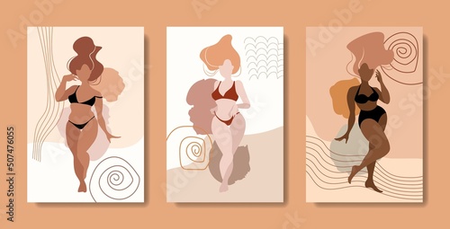 Set of beautiful plus size girls in swimsuits on modern abstract background. Curvy women with perfect figure for body positive banner. Poster with woman of different ethnicities. Vector illustration