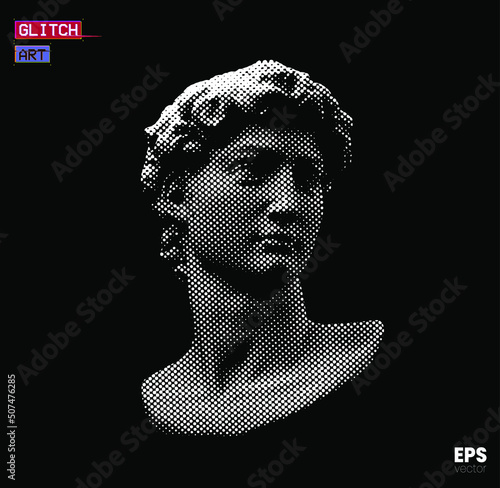 Vector white dot halftone mode illustration of male classical style head sculpture from 3d rendering isolated on black background. 