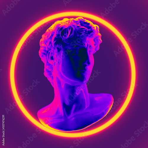  Abstract illustration from 3d rendering of classical head sculpture in pink and blue vaporwave style illuminated by a yellow neon ring and isolated on purple background. 
