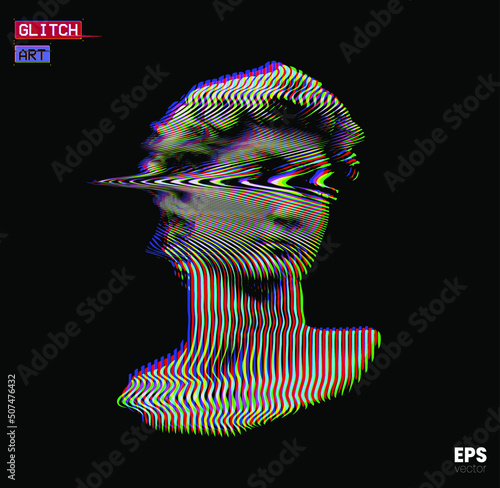 Vector RGB color mode offset and distorted wavy line halftone illustration of male classical head sculpture from 3d rendering isolated on black background.