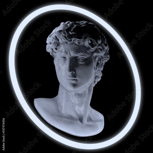 Abstract illustration from 3d rendering of classical marble male head sculpture illuminated by a white neon halo ring and isolated on black background. 