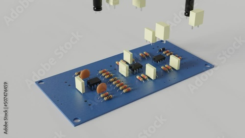 3D rendering animation of some electronics components falling on a circuit board