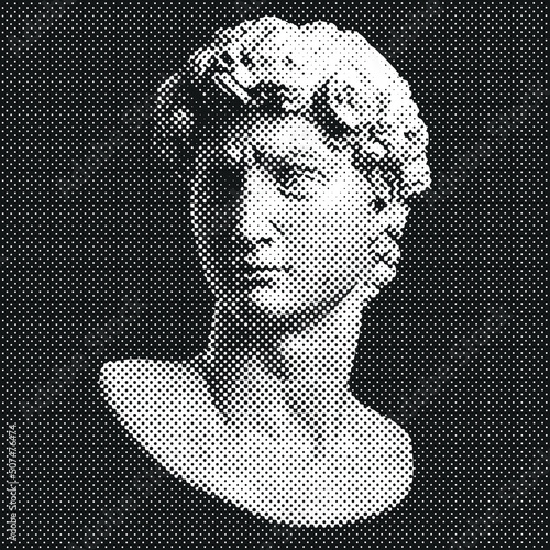 Vector white dot halftone mode illustration of male classical style head sculpture from 3d rendering isolated on black background. 