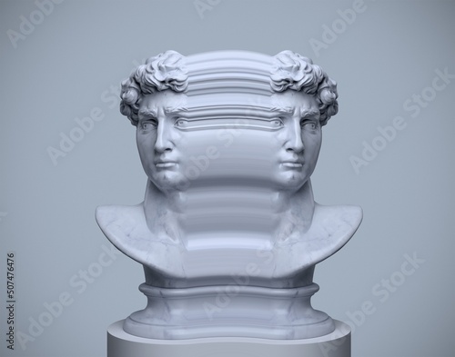 Abstract concept illustration of marble greyscale pixel stretched double male classical bust from 3d rendering isolated on gray background. 