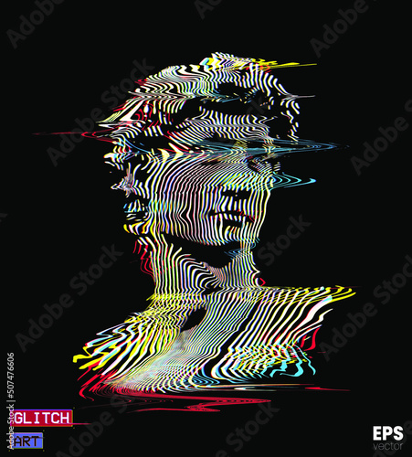 Vector RGB color mode offset and distorted wavy line halftone illustration of male classical head sculpture from 3d rendering isolated on black background.