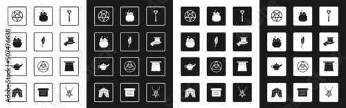 Фотография Set Magic wand, feather, Witch cauldron, Pentagram in circle, Magician hat hand, and lamp or Aladdin icon