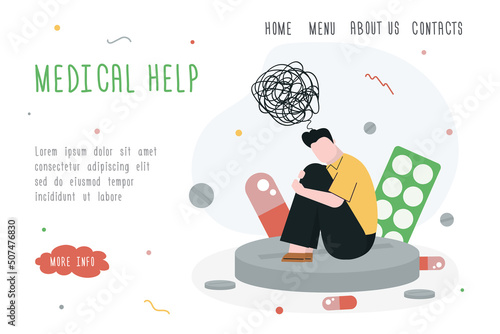 Sad man with depression sitting on big pill. Guy have problems with mental health, ADHD. Template, landing page. Male fighting anxiety with antidepressants