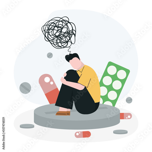 Sad man with depression sitting on big pill. Guy have problems with mental health, ADHD. Male fighting anxiety with antidepressants and hormonal drugs
