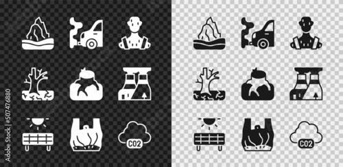 Set Iceberg, Car exhaust, High human body temperature, Solar energy panel, Say no to plastic bags poster, CO2 emissions in cloud, Withered tree and Deforestation icon. Vector