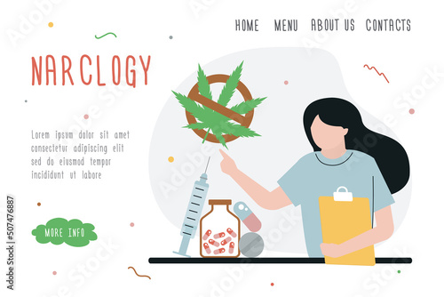 Female doctor provide help for abuse people with addictions. Drug, alcohol and tobacco addiction. Template, landing page. Narcological center addicted people