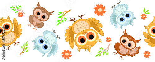 Seamless border with cute colored owls for various children's decorations.