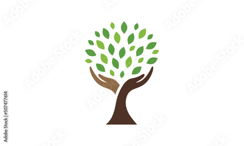 Human hands and tree with green leaves. Logo, symbol, icon, illustration, vector, template, design	
