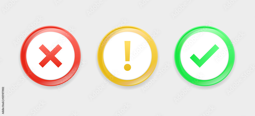 3d checkmark icon button with modern 3d exclamation mark icon correct incorrect and warning attention sign or check mark box frame with green tick and red cross symbols - yes or no 3d icons buttons 3d checkmark icon button with modern 3d exclamation mark icon correct incorrect and warning attention sign or check mark box frame with green tick and red cross symbols - yes or no 3d icons buttons