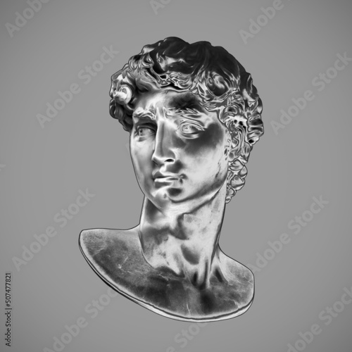 Abstract digital illustration of solarized effect white marble male classical bust from 3d rendering on grey background.