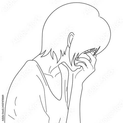 A young girl is crying. Depression, grief, resentment. Vector. White background.