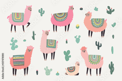 llama alpaca animals vector illustrations set
