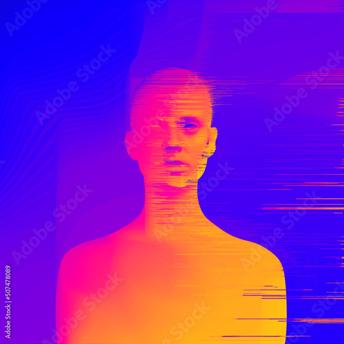 Abstract Glitch Art illustration from 3D rendering in corrupted CRT TV and VHS style and pixel sorting effect of a frontal female bust figure with bright psychedelic vaporwave colors.