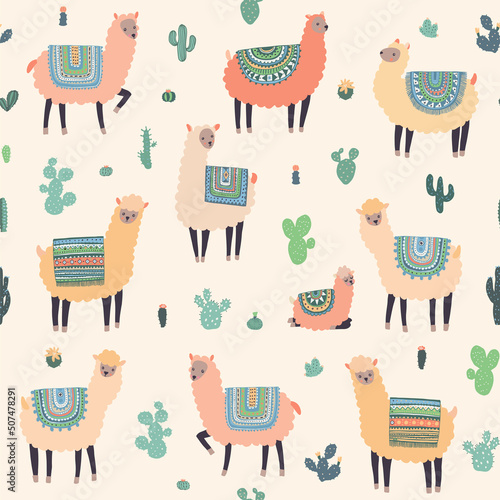 llama alpaca animals vector seamless pattern