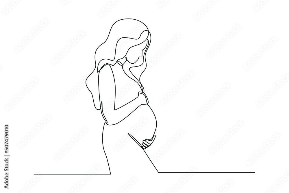 Single one line drawing Young beautiful pregnant woman standing with ...