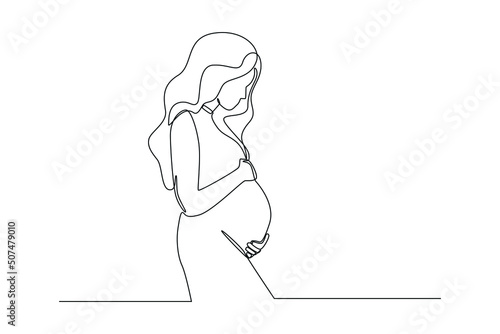 Single one line drawing Young beautiful pregnant woman standing with big belly. World population day. Continuous line draw design graphic vector illustration.