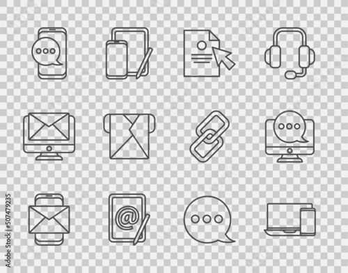 Set line Mobile and envelope, Monitor phone, Document cursor, Mail e-mail, Chat messages notification, Envelope, Speech bubble chat and monitor icon. Vector
