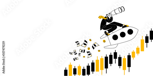 A young man with binoculars is flying on a rocket against the background of a Forex chart. Vector illustration about investments and trading. Horizontal banner template.