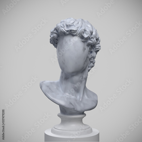 Abstract concept illustration of faceless white marble classical bust on pedestal with identity erased face from 3d rendering on grey background.