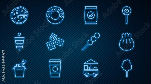 Set line Cotton candy, Khinkali cutting board, Bag or packet potato chips, Cracker biscuit, Grilled shish kebab, Pizza, Meatballs wooden stick and Donut icon. Vector