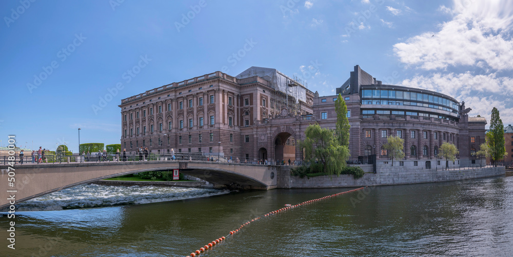 The Parliament House, Riksdagshuset, at the bridge Norrbro a sunny summer day in Stockholm