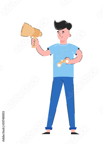 The guy holds a mouthpiece and binoculars in his hands. The concept of finding employees. Isolated on white background. Trendy vector.