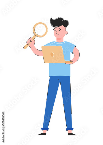 The guy holds a magnifying glass and a laptop in his hands. Information search concept. Isolated on white background. Trendy vector © Javvani