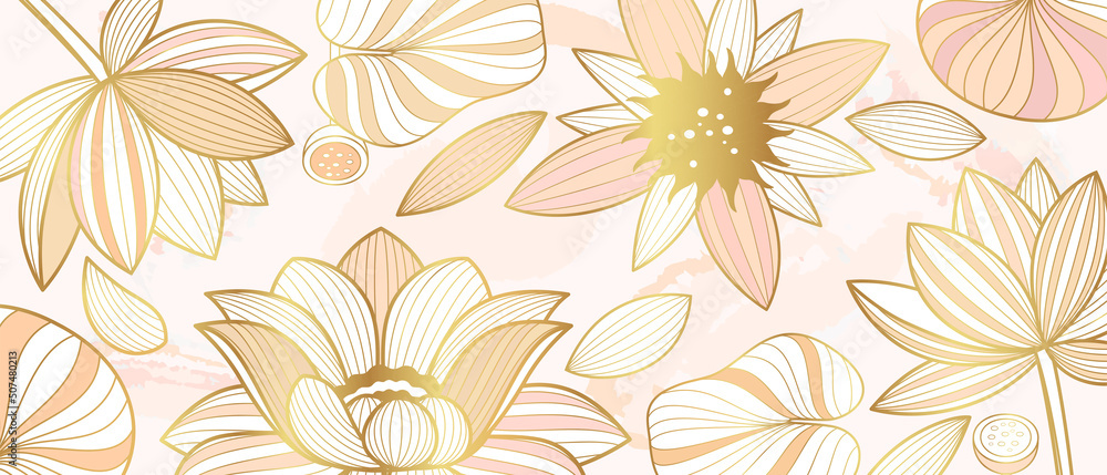 Vector poster with golden lotus flowers on a pink background.Golden lotus flowers in line art style.