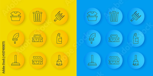 Set line Rubber plunger, cleaner for windows, Brush cleaning, Feather broom, Bottle agent, Basin with shirt, and Trash can icon. Vector