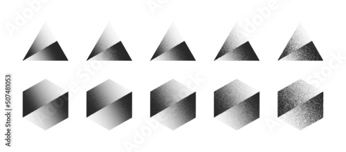 Shifted Triangle And Hexagon Dotwork Stipple Art Abstract Vector Set In Different Variations Isolated On White Background. Various Degree Black Noise Dotted Figures Design Elements Texture Collection