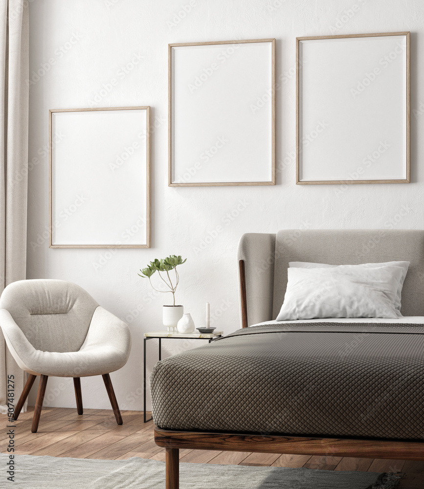 Naklejka premium Mock up posters in Bedroom, interior design for presentation, 3d render, 3d illustration.