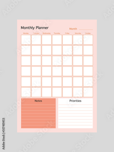 Minimalist planner page. Monthly priorities. Habit track weekly. Travel and trip plan. Bucket list personal organizer printable sheet layout. Vertical insert for diary.