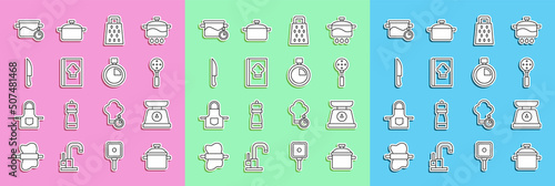 Set line Cooking pot, Scales, Spatula, Grater, Cookbook, Knife, and Stopwatch icon. Vector
